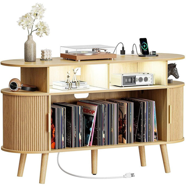 PRAISUN 47.2 Inch Larger Record Player Stand with Power Outlets & 3-Color Lights, Vinyl Record Stand with 2 Fluted Cabinets, USB-C Port, Mid Century Modern Player Stand, Open Storage, Natural