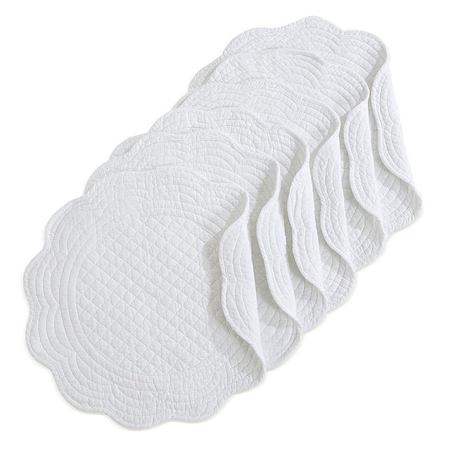 HOMBYS Quilted Placemats Set of 6 Washable Round Placemats for Kitchen Table-100% Cotton Fabric 14 Inch Round Table Mats, Cotton Fabric with Microfiber Filling, (14"x14", Pure White)