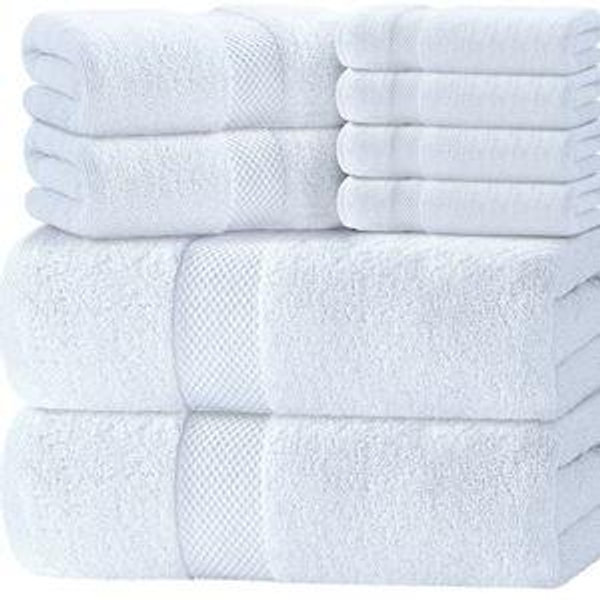 White Luxery Bath Towel Set of 8 Pieces - 100% Turkish Cotton 700 GSM Highly Absorbent Towels for Bathroom, 2 Bath Towels, 2 Hand Towels, 4 Washcloths