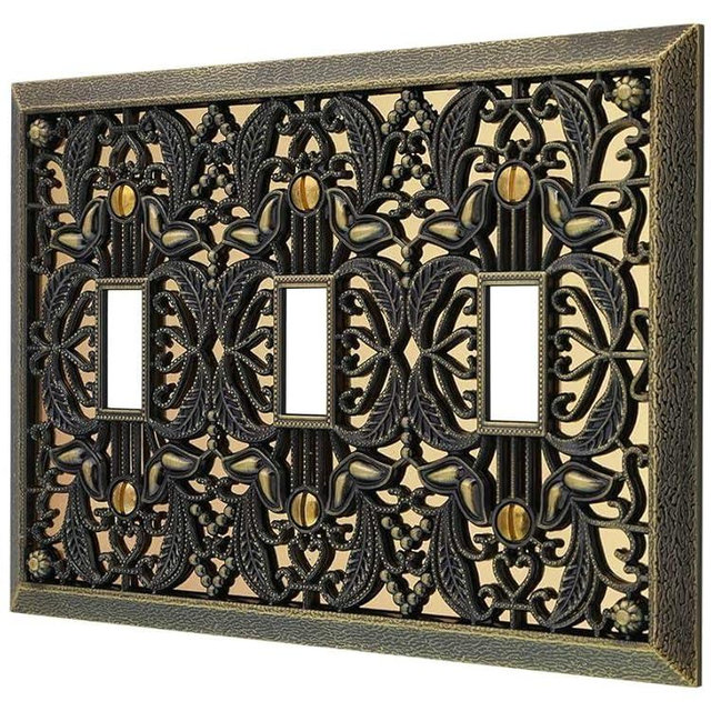 Amerelle Filigree Triple Toggle Cast Metal Wallplate in Antique Brass