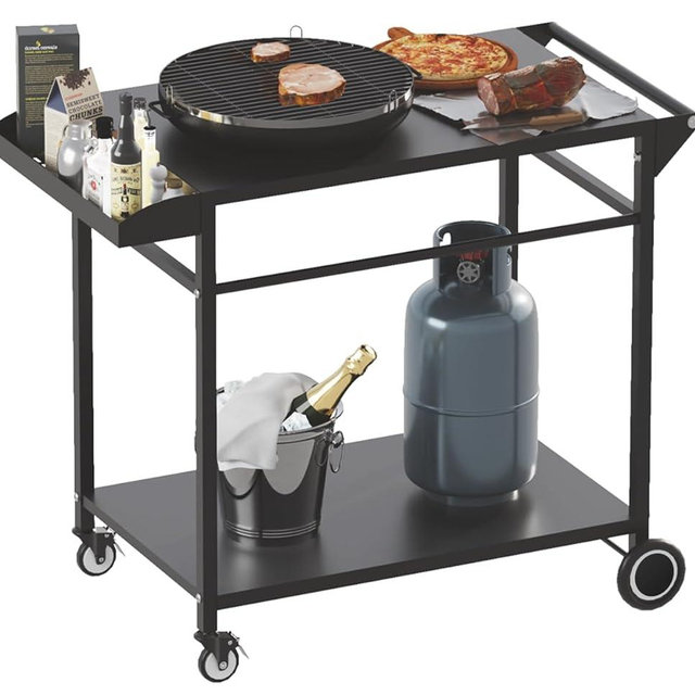 Koutemie Outdoor Grill Cart Table with 4 Wheels for Blackstone 17" or 22", Movable BBQ Food Prep Table Top, Double-Shelf Metal Pizza Oven Worktable with Spice Tray for Patio, Backyard, Black