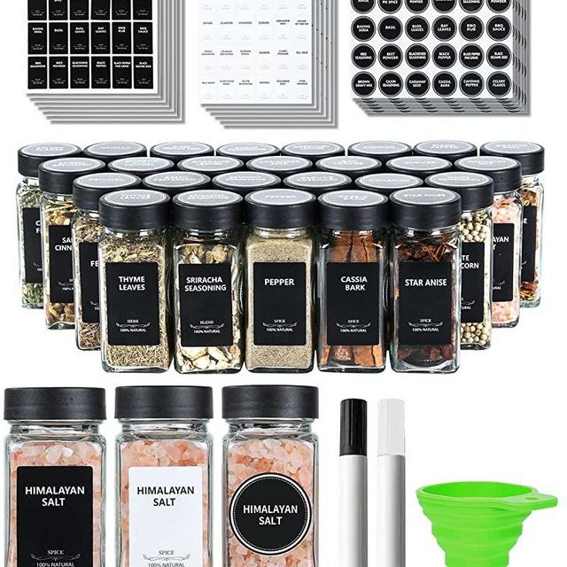 JARXSUN 24 Glass Spice Jars with Label-4oz Spice Containers with Black Lids and Shaker Lids,3 Sets of Spice Labels 1 Collapsible Funnel 2 Erasable Markers (24, Black)