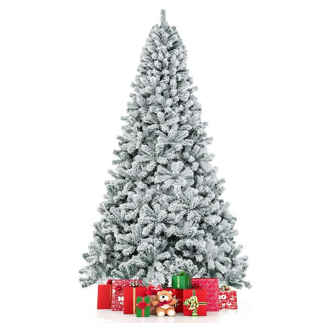 COSTWAY 9 FT Snow Flocked Christmas Tree, Artificial Holiday Hinged Pine Tree with 1498 Branch Tips, Solid Metal Stand, Premium Xmas Full Fake Tree for Home, Office, Party Decoration