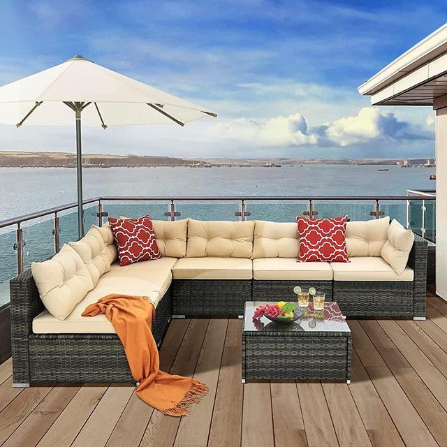 YITAHOME 7 Pieces Patio Furniture Set,All-Weather Rattan Patio Conversation Set,Outdoor Sectional Sofa PE Rattan Wicker Outside Couch with Table and Cushions for Porch Lawn Garden Backyard
