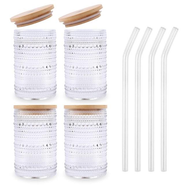 Vintage Drinking Glasses Set of 4 with Bamboo Lids and Straws, Textured Clear Striped Ribbed Glassware Set Old Fashion Beaded Glass Cups Embossed Iced Coffee Cup for Beer, Cocktail, Beverage(16 oz)