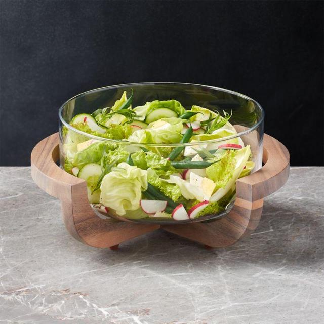 Glass Serving Bowl with Wood Stand
