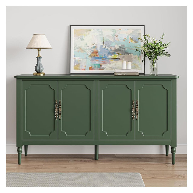 Heynemo Sideboard Buffet Cabinet, 58'' Mid Century Storage Cabinet with 4 Doors and Adjustable Shelves for Dining Room Living Room, Set of 1, Green