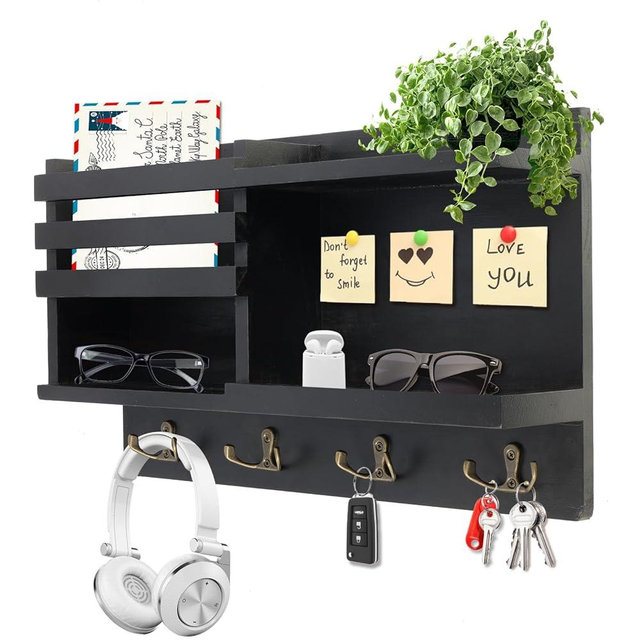 Key Holder Wall Mount, Solid Wood Key and Mail Organizer for Wall(Self Adhesive or Drill), 8 Hooks Key Rack for Entryway Hallway Bedroom Farmhouse Home Decor (Matte Black)