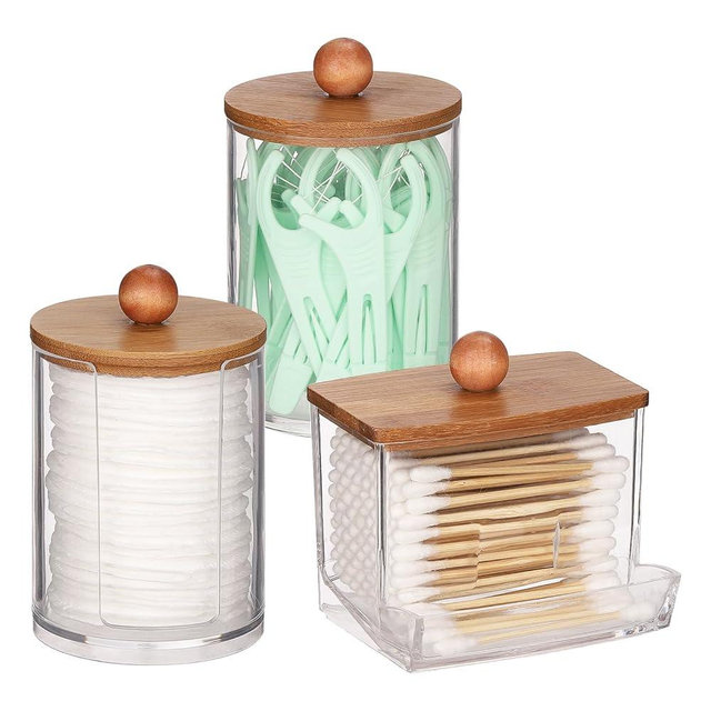 Tbestmax Bathroom Organizer Accessories Set-10 oz,7 oz Qtips Holder Storage with Bamboo Lids, Cotton Ball/Swabs Dispenser, Apothecary Jar 3 Pcs