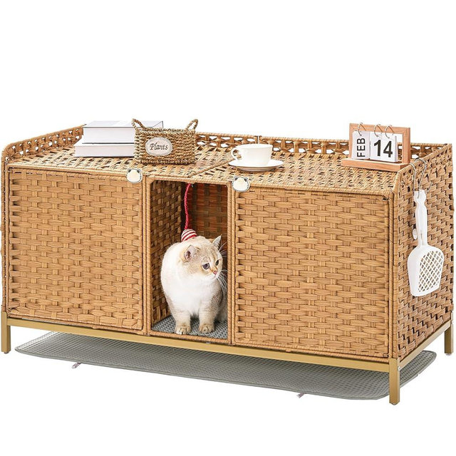 SETVSON Cat Litter Box Enclosure for 2 Cats, Hidden Litter Box Furniture with Mat, Large Rattan Cat House with Double Room and Door, 47.3 L x 19.7 W x 24 H, 2 S-Shaped Hooks for Living Room Natural