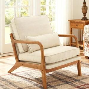 Karl home Accent Chair Mid-Century Modern Chair with Pillow Linen Fabric Upholstered Lounge Arm Chair with Solid Wood Frame & Soft Cushion for Living Room, Bedroom, Balcony, Beige