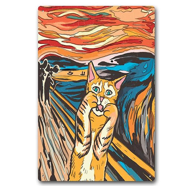 Vintage the Scream Cat Metal Tin Sign Abstract Iron Mural Funny Kitty for Home Gallery Bathroom Wall Art Decor 8x12 Inch