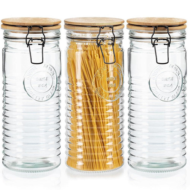 kitchentoolz Glass Storage Jars with Airtight Lids - Set of 3 Mason Storage Containers for Cereal, Coffee & Rice - 56 Ounce Pantry Organizing Canister Set