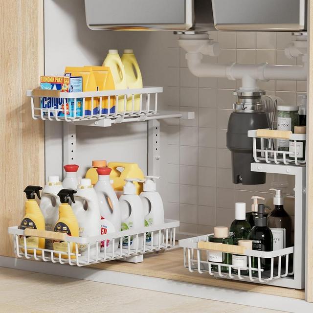 ENRUNEST 2 Pack Slide-Out Under Sink Organizer and Storage,2 Tier Under Bathroom Sink Organizer with 5 Level Height Adjustable,Large Capacity,Multi-Purpose Storage for Kitchen,Bathroom,Pantry (White)
