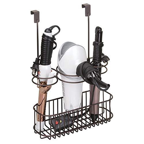 mDesign Over Door Bathroom Hair Care & Hot Styling Tool Organizer Storage Basket for Hair Dryer, Flat Irons, Curling Wands, Hair Straighteners - Hang Inside/Outside Cabinet Doors, 3 Sections - Bronze