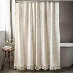 Linen Shower Curtain Boho Beige Shower Curtains for Bathroom Thick Fabric Shower Curtain with Tassels Neutral Shower Curtains Rustic Farmhouse Bath Decor 72 Inch