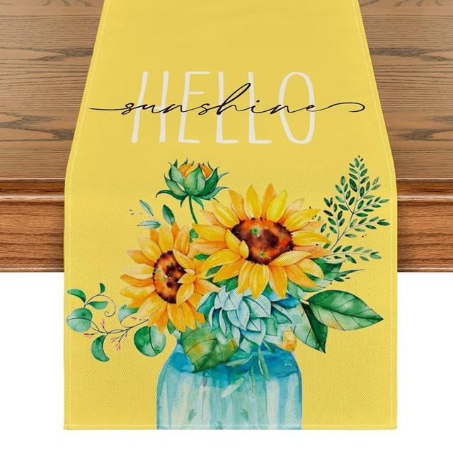 Artoid Mode Yellow Hello Sunshine Sunflower Summer Table Runner, Spring Seasonal Anniversary Holiday Kitchen Dining Table Decoration for Indoor Outdoor Home Party Decor 13 x 72 Inch