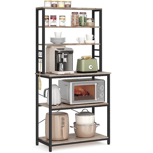 VASAGLE Baker's Rack, Microwave Oven Stand, Kitchen Tall Utility Storage Shelf, 6 Hooks and Metal Frame, Industrial, 15.7 x 31.5 x 65.7 Inches, Greige and Black UKKS019B02