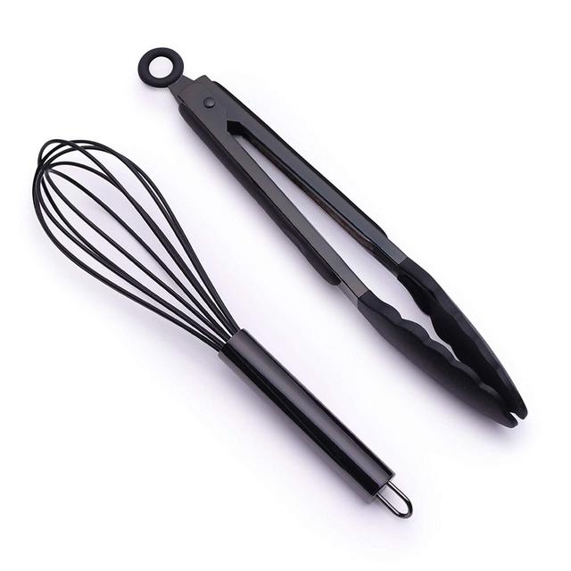 Enchante Direct - Country Kitchen 10" Whisk and Tong Kitchenware Set for Nonstick Cookware, Silicone and Stainless Steel Accessories for Cooking, Baking, Frying, Grilling, Blending and Serving- Gun Metal and Black