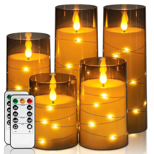 Homemory Flameless Candles with Embedded Star String Fairy Lights, Battery Operated Candles, LED Candle, Fake Candles with Remote Control and Timer, Gray Acrylic, Set of 5(H4 5" 6" 8" 8")