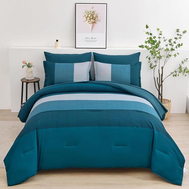 Teal Blue Striped Comforter Set King Size 7 Piece Gradient Blue Stripe Bed in a Bag All Season Bedding Set, Soft Microfiber Filling Comforter Duvet, Flat/Fitted Sheets and Pillowcases (103"×90")