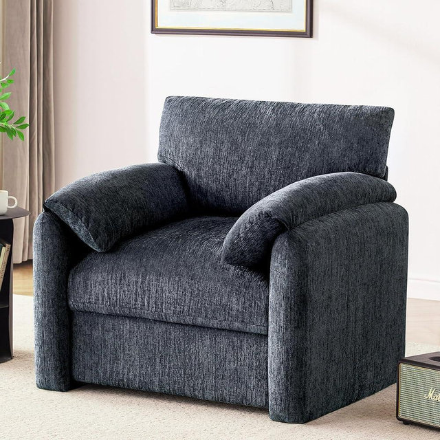 Howjoe Chenille Oversized Armchair, 38.6" Wide Accent Chairs for Living Room & Bedroom Modern Lounge Chair, Upholstered Mid-Century Reading Chair, Comfy Living Room Chair, Single Sofa Chair, Blue