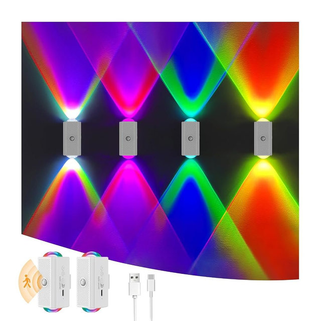 easuntec Motion Sensor Rechargeable Night Light Color Changing, 8 Colors Sunset Projector Lamp, Magnetic Stick-on Wireless Sunset Lamp for Room Decor,USB-C Dimming & No Drill Installation（RGB,2 Pack）