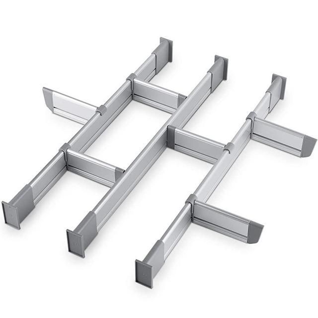 Practical Comfort Adjustable Drawer Organizer | Elegant Aluminum, Customizable, for Clutter-Free Kitchen, Junk Drawer, Office, Clinic | 9 Drawer Dividers (3 Long + 6 Short), Small 15.3" – 17.5" deep