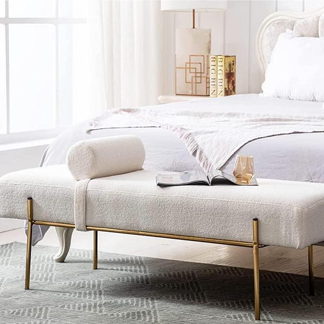 Guyou 55" White End of Bed Bench, Modern Faux Fur Upholstered Ottoman Bench Seat with Gold Legs, Fuzzy Long Bench for Bedroom Living Room Foyer Indoor Entryway (White)