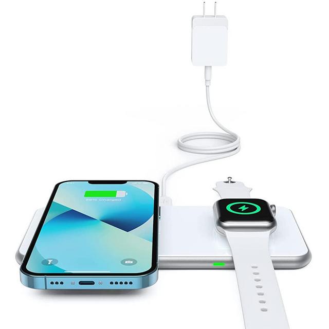 2 in 1 Wireless Charger, 15W Dual Wireless Charging Pad for iPhone 14/14 Pro/13/13 Pro/12/12 Pro/11/X/8, Samsung S22/S21/ S20/ Note 20, Airpods 3/2/Pro, iWatch 8/7/6/SE /5/4/ 3/2(with QC 3.0 Adapter)