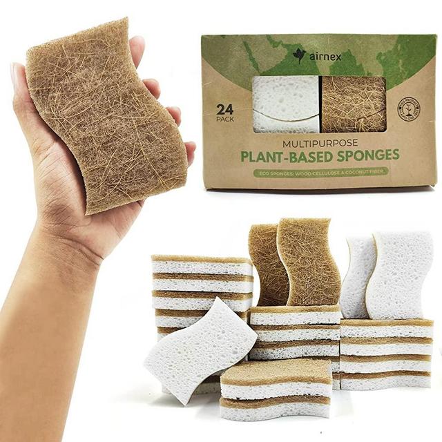 AIRNEX 24 Pack Biodegradable Natural Kitchen Sponge - Compostable Cellulose and Coconut Walnut Scrubber Sponge - Eco Friendly Sponges for Dishes