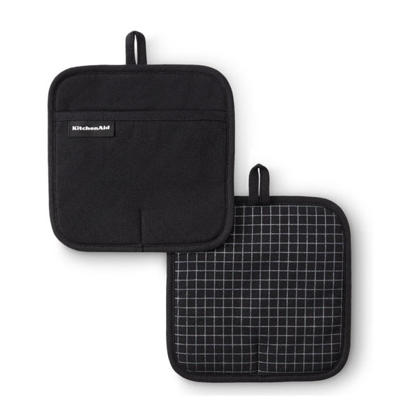 KITCHENAID Gourmet Series Gridlines Pot Holders 2-Pack Set, Heat Resistant up to 600°F, Soft Silicone Grip, Magnetic Cuff, Matte Black, 8"x8"
