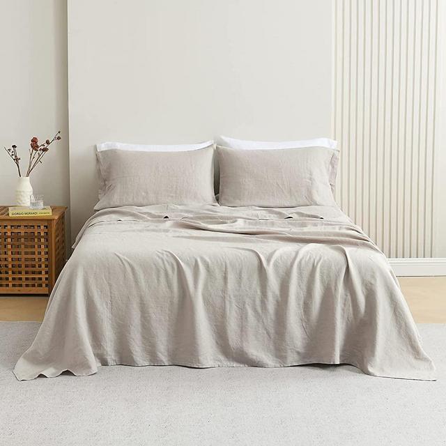 NORTH HOME Stone Washed 100% French Linen Sheets Set King Size, Breathable and Durable Flax Linen Bed Sheets for Hot Sleepers, 4 Pcs Set - 1 Flat Sheet, 1 Fitted Sheet, 2 Pillowcases