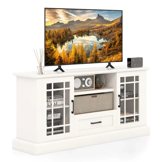 63-Inch Modern TV Cabinet TV Console Table w/ 2 Side Cabinets & Drawer Suits 70” Televisions Farmhouse Style White