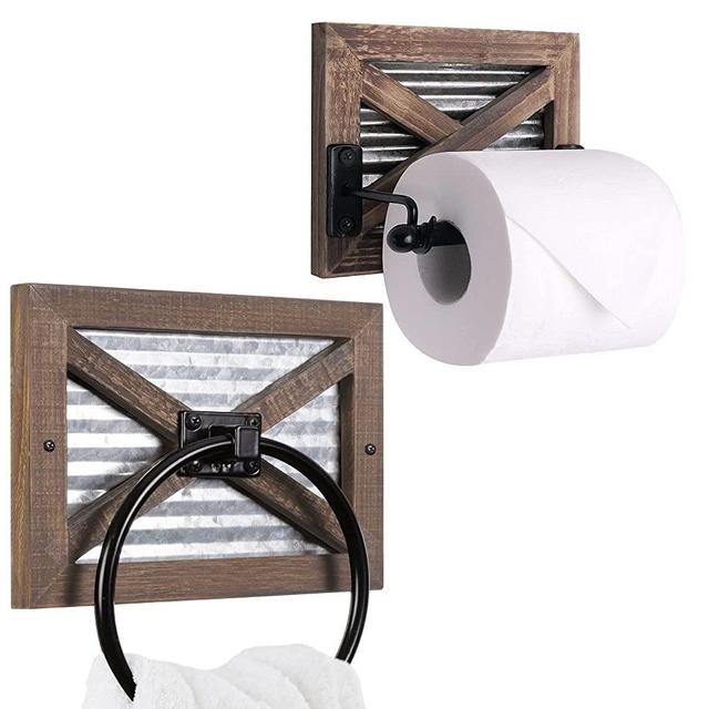 Autumn Alley Farmhouse Toilet Paper Holder and Towel Ring Set, Wall Mount, Rustic Wall Toilet Paper Holder and Bathroom Hand Towel Holder Decor, Wooden Brown
