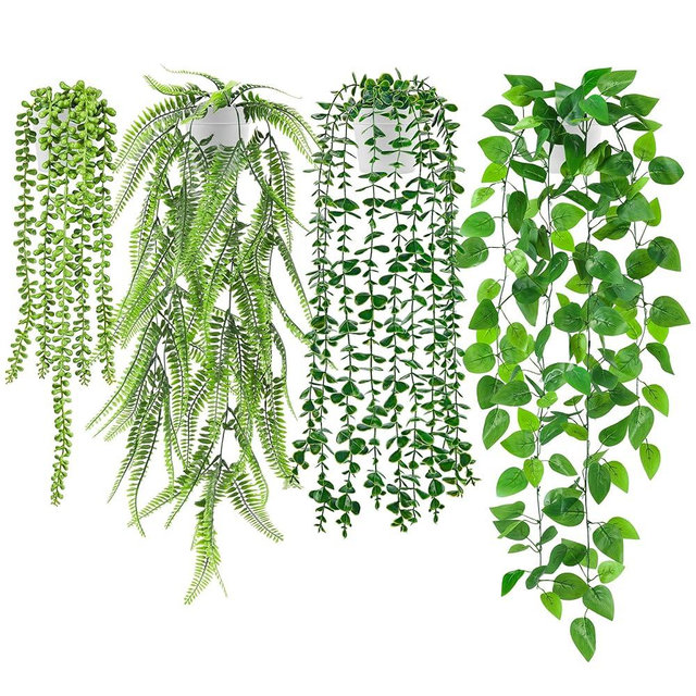 Der Rose 4Pcs Fake Plants Hanging Artificial Ivy Vine Faux Eucalyptus Hanging Plants, Boston Fern, String of Pearls for Living Room Bedroom Boho Wall Shelf Indoor Outdoor Decor (White Pots)