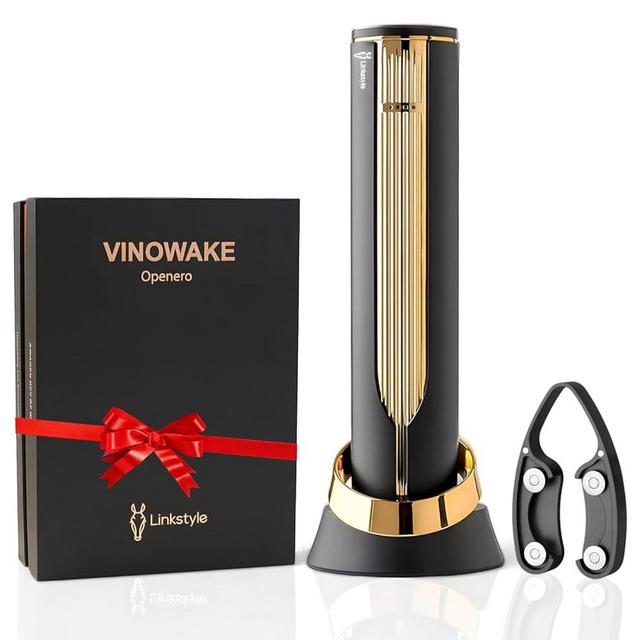 LINKSTYLE OPENERO Electric Wine Bottle Opener, Luxury Automatic Wine Corkscrew with Foil Cutter and Charging Base, Premium Metals with Elegant Gift Box, Home Bar Accessories for Wine Lovers, Gold