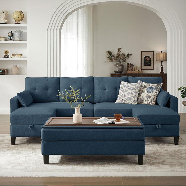 Convertible Sectional Sleeper Sofa with Storages, 100" U Shaped 4 Seater Couch with 2 Movable Ottomans and 1 Ottoman Bench Polyester Fibre for Living Room, Blue