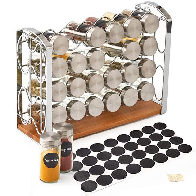 EZOWare 4 Tier Spice Rack with 24 Empty Glass Bottles Jar + Metal Lid and Blank Chalkboard Label Set for Countertops, Cabinets, Kitchen, Pantry - Silver