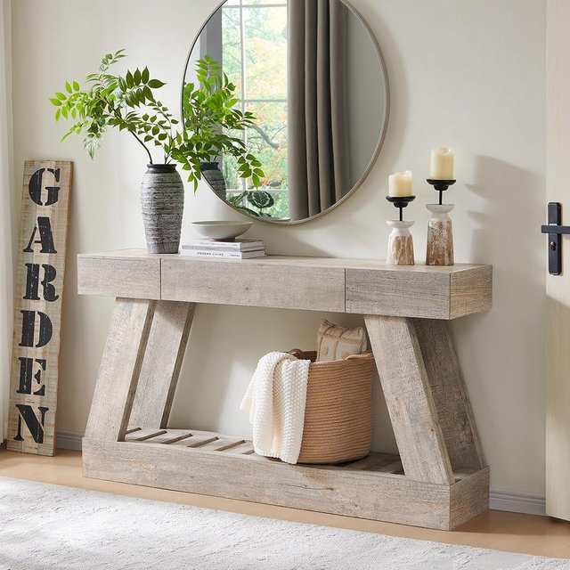 60" Farmhouse Entryway Table with Drawer, Wooden Hallway Foyer Table with Heavy Duty Base(Light Rustic Oak)