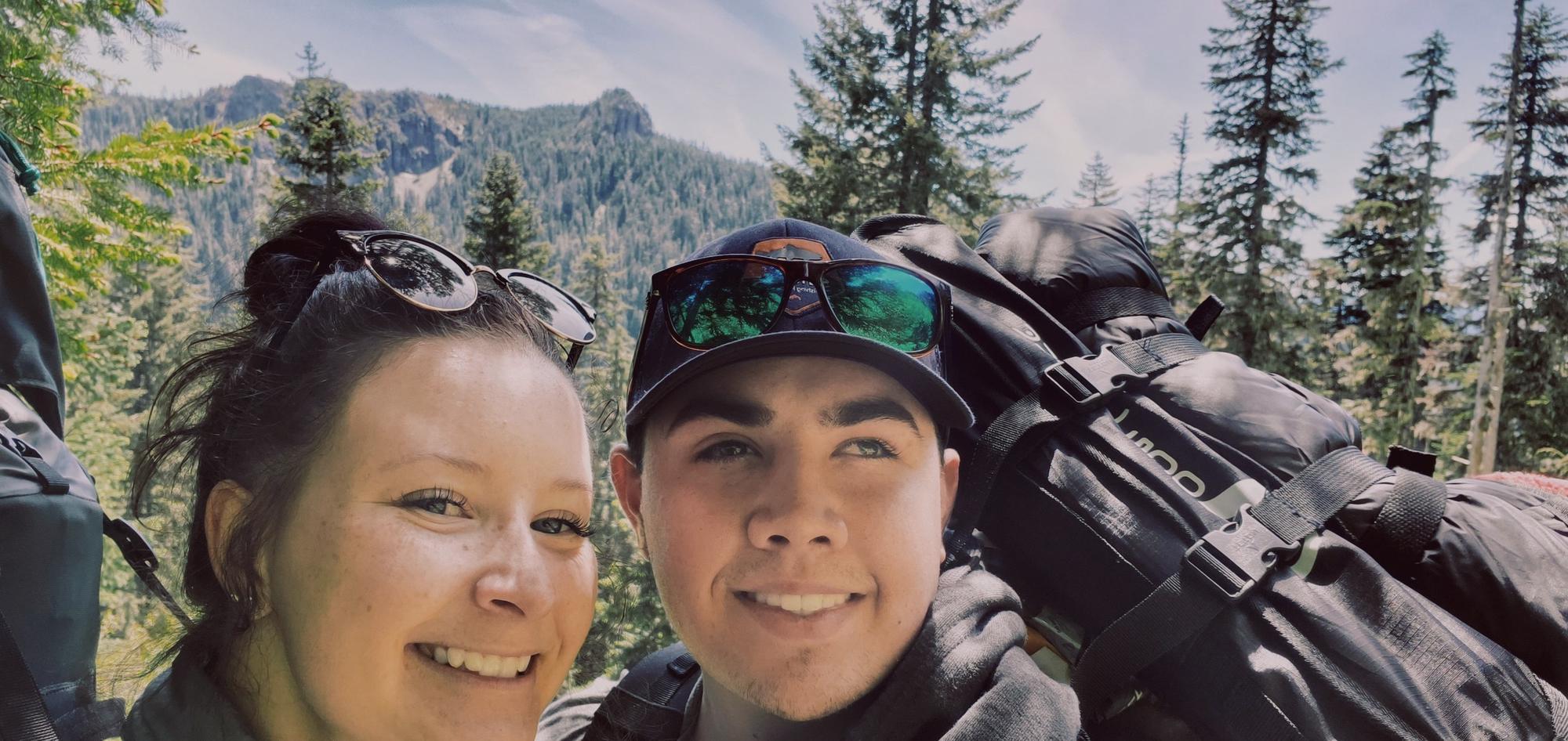 Maya and Dustin on a backpacking trip with his friends in Oregon 2020