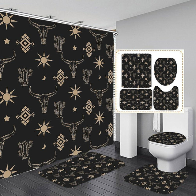 Emwnodti 4 Pcs Bathroom Sets for Western Shower Curtain, West Black Gold Aztec Cow Shower Curtain with Non-Slip Rug Toilet Lid Cover and Bath Mat, Waterproof Bathroom Accessory with 12 Hook, 72"x72"