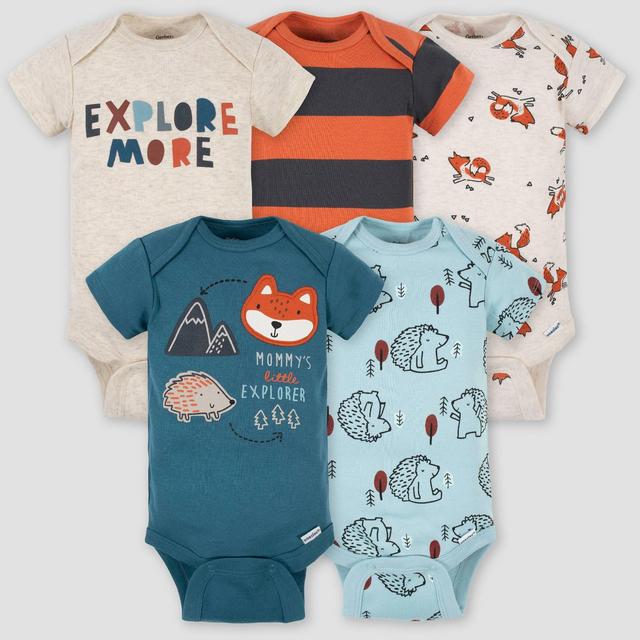 Gerber Baby Boys' 5pk Fox Short Sleeve Onesies - Blue/Cream/Orange 0-3M