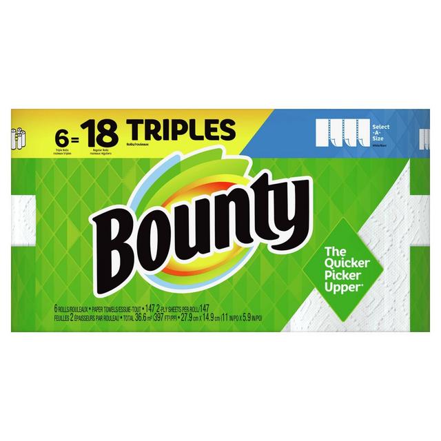 Bounty Paper Towels Select-A-Size White 6 Triple Rolls = 18 Regular Rolls