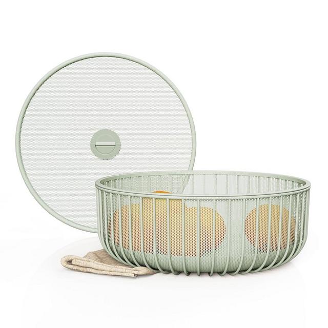 LIBKEN Metal Fruitbasket with Mesh Lid & Basket - Fruit and Vegetable Holder For Kitchen Counter - Countertop Display Baskets Organizer - Bowl Storage for Veggie, Fruits, Snack, and Banana - Green