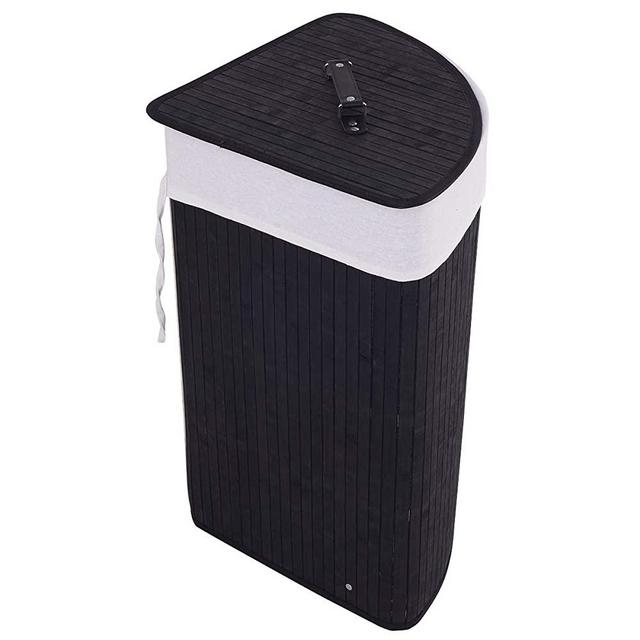 GOFLAME Corner Bamboo Laundry Hamper with Lid and Removable Liner, Washing Clothes Basket Storage Bin with Handle, Suitable for Bedroom, Bathroom, Laundry (Black)