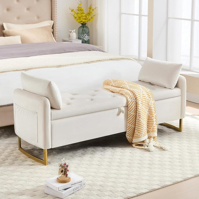 HOMYKA 65" End of Bed Storage Bench King Size, Storage Ottoman Bench with Tufted Button Upholstered and Gold Legs, Bedroom Benches with Armrests for Living Room Window and Entryway, Beige