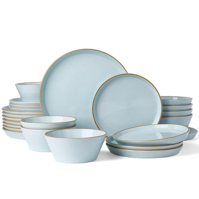 Famiware Saturn Stoneware Dinnerware Sets for 8 (24 Pieces), Ceramic Plates and Bowls Dish Sets with Hand-Painted Trim - Chip & Scratch Resistant, Microwave & Dishwasher Safe Tableware, Light Blue