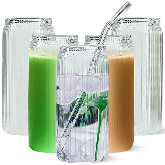 Set of 6 Ribbed Can Shaped Glass Cups with Glass Straws - 16oz Can Glass Drinking Glasses, Iced Coffee & Ice Tea Glasses, Clear Kitchen Tumbler Cup Cocktail Glass for Soda, Kiddush Cups & Sets