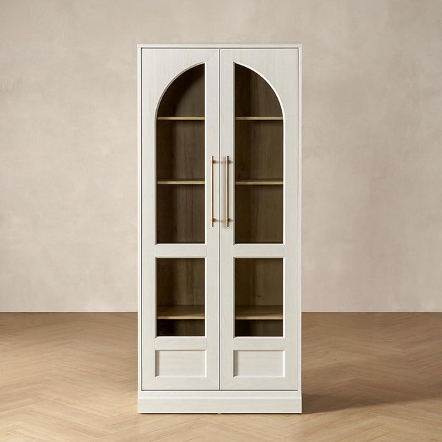 mopio Blake Tall Display Cabinet, Kitchen Buffet Pantry Cupboard, Trophy Display Case, Storage Cabinet Scratch Resistant Acrylic, Modern Farmhouse Curio Organizer (White Oak Arched, Single)